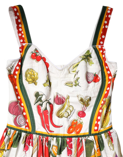White Vegetables Sleeveless A-line Midi Dress-Dolce & Gabbana-LabelTerrace.com