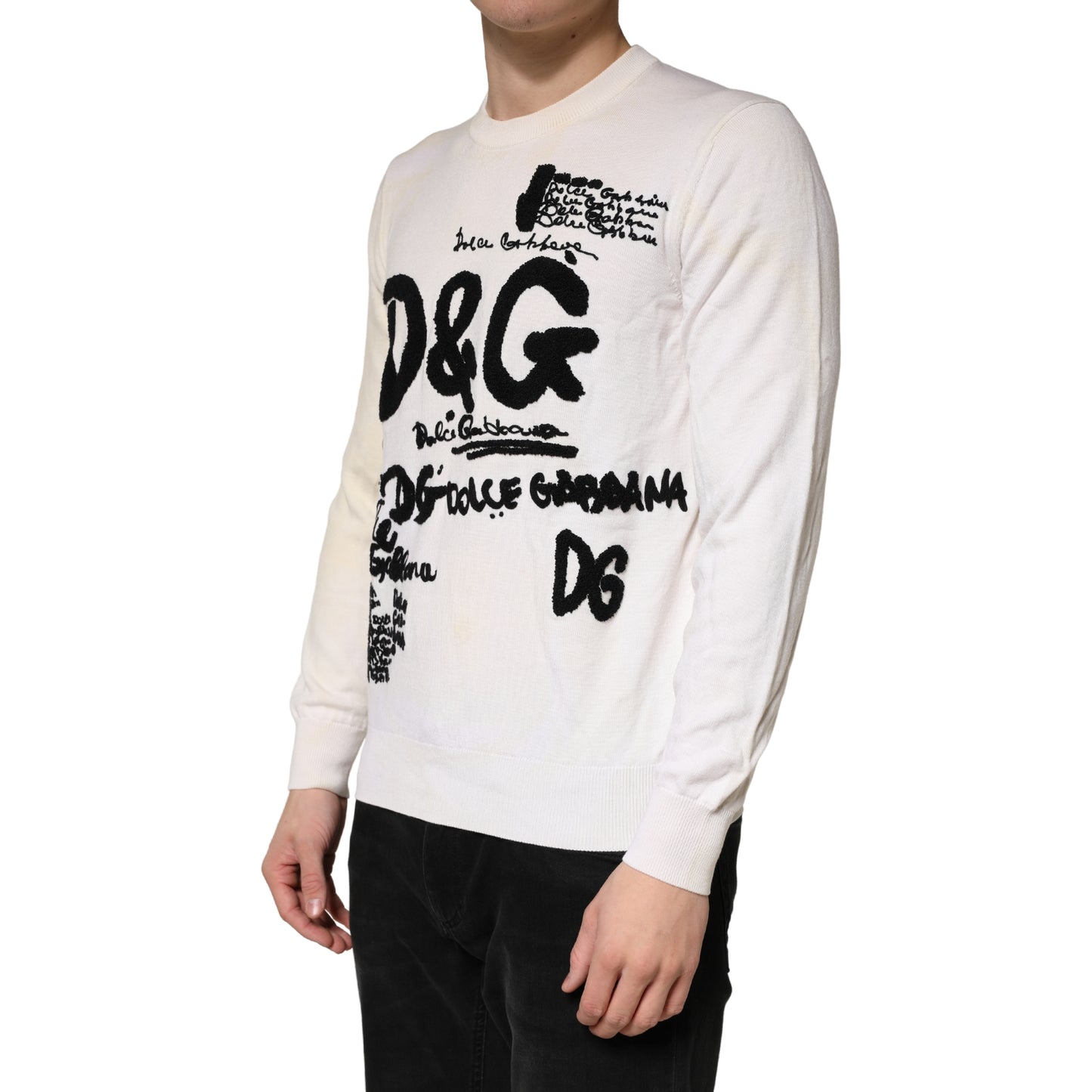 White Virgin Wool Graphic Logo Crewneck Sweater