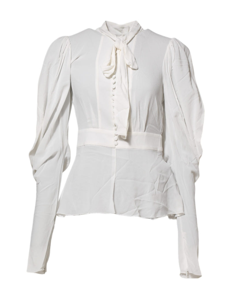 White Viscose Ascot Collar Long Sleeves Top-Dolce & Gabbana-LabelTerrace.com