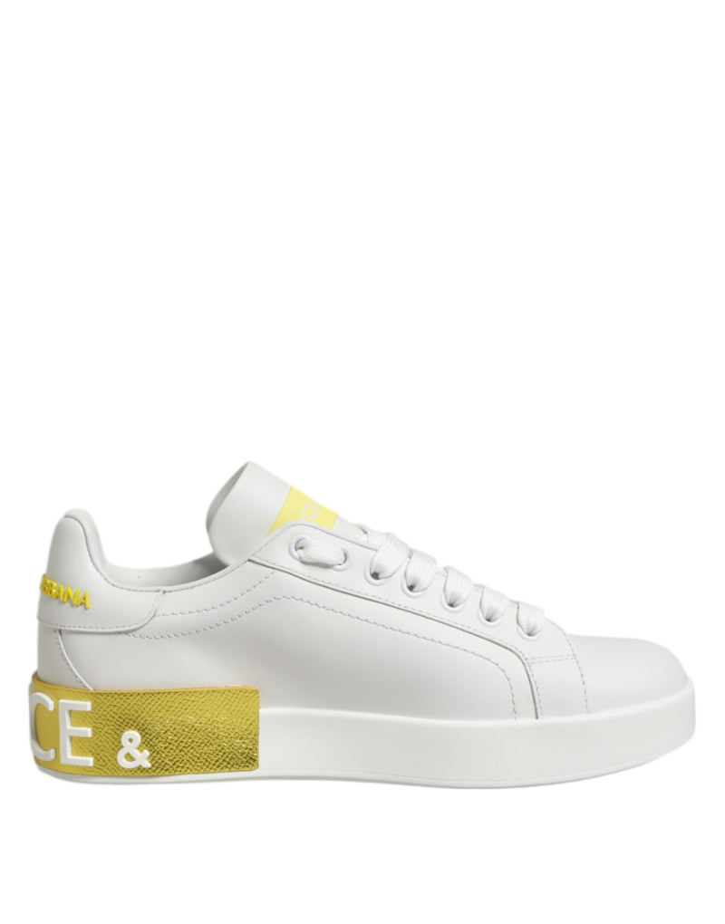White Yellow Leather Low Top Sneakers Shoes-Dolce & Gabbana-LabelTerrace.com