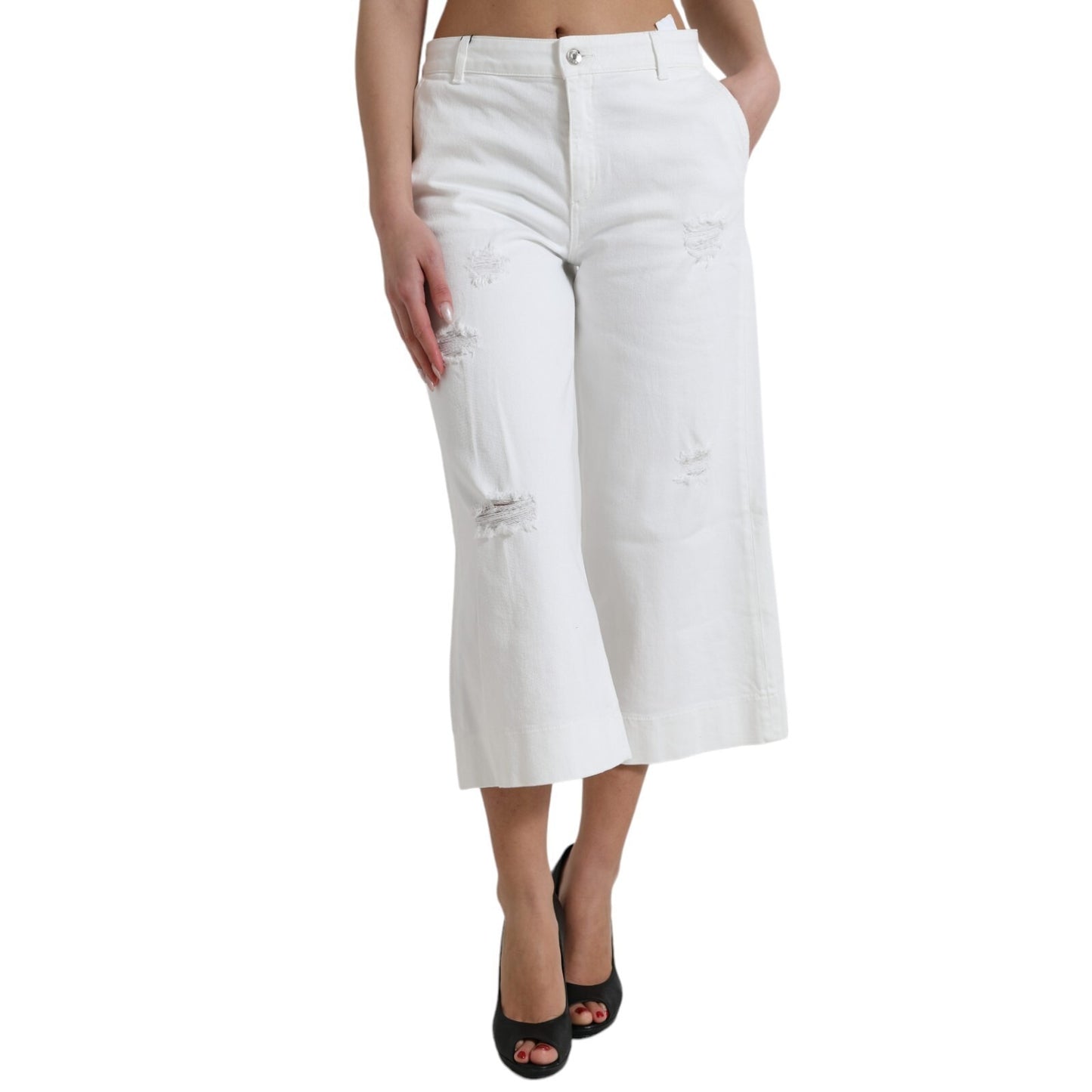 Wide Leg White Cotton Cropped Denim Jeans