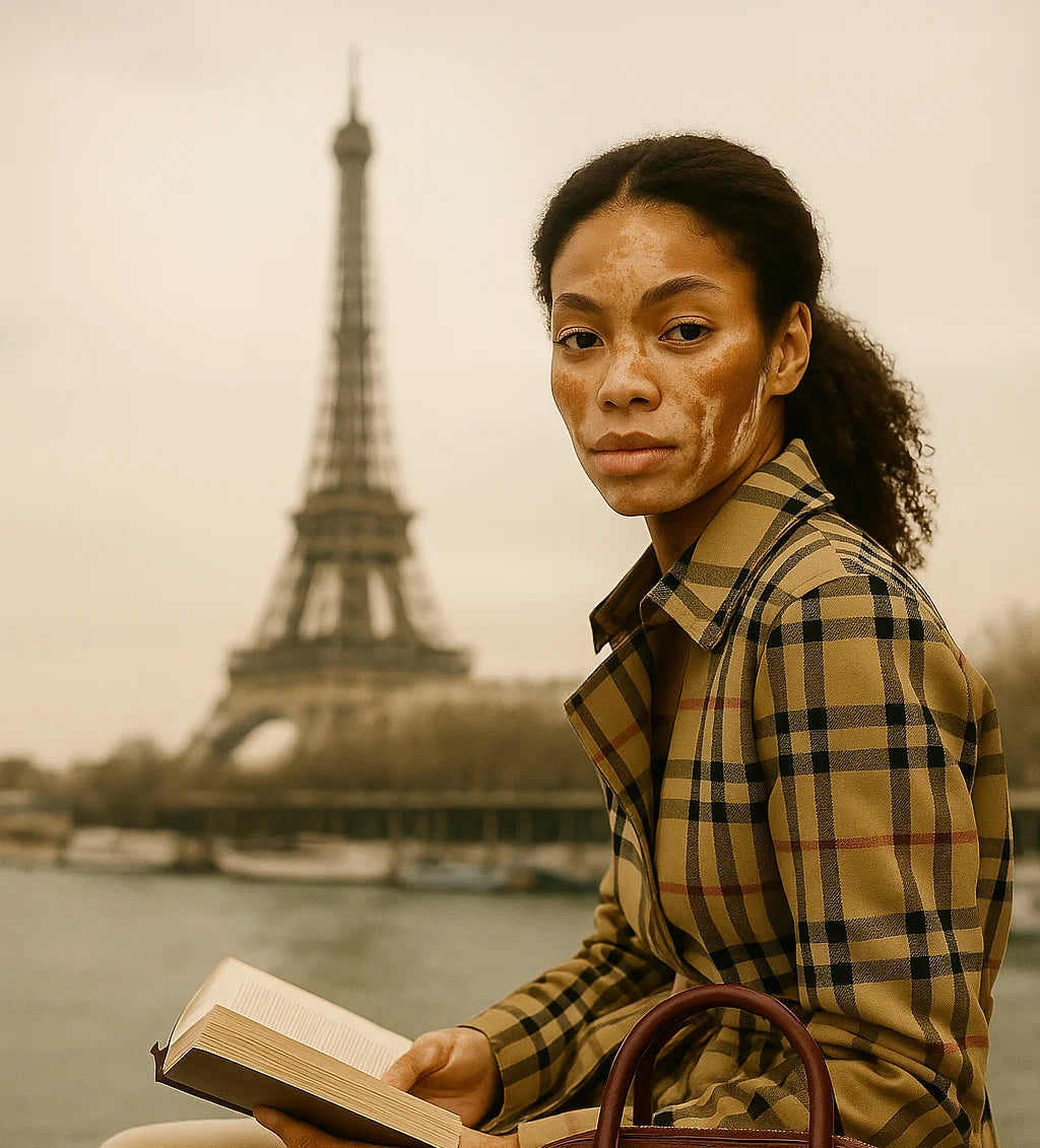 Woman sitting by a waterfront with the Eiffel Tower in the background, holding a book and wearing burberry clothing.