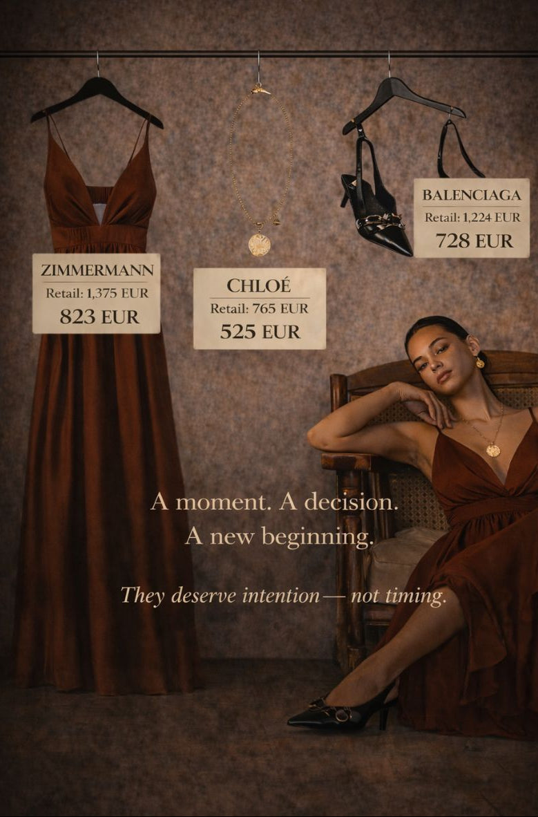 Woman in a brown dress sitting next to hanging dresses with brand labels and text on a textured wall.