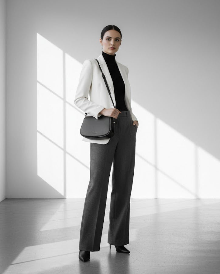 Woman in a professional outfit with a white blazer, black turtleneck, and gray pants, holding a black handbag in a minimalistic setting.
