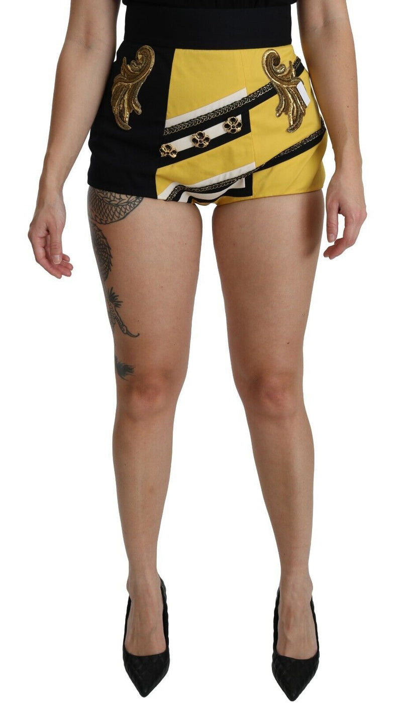Yellow Black Cotton Jewelled Hot Pants Shorts-Dolce & Gabbana-LabelTerrace.com
