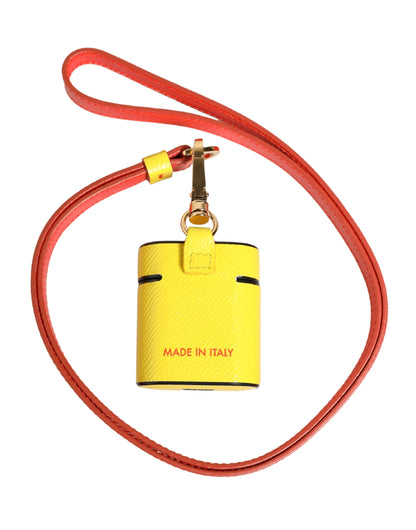Yellow Calf Leather Logo Flip Holder Strap Airpods Case