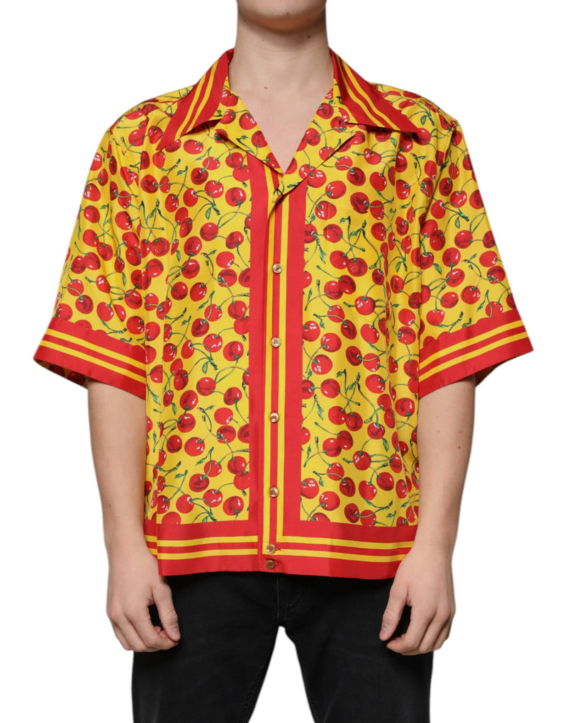 Yellow Cherry Button Down Silk Casual Shirt-Dolce & Gabbana-LabelTerrace.com
