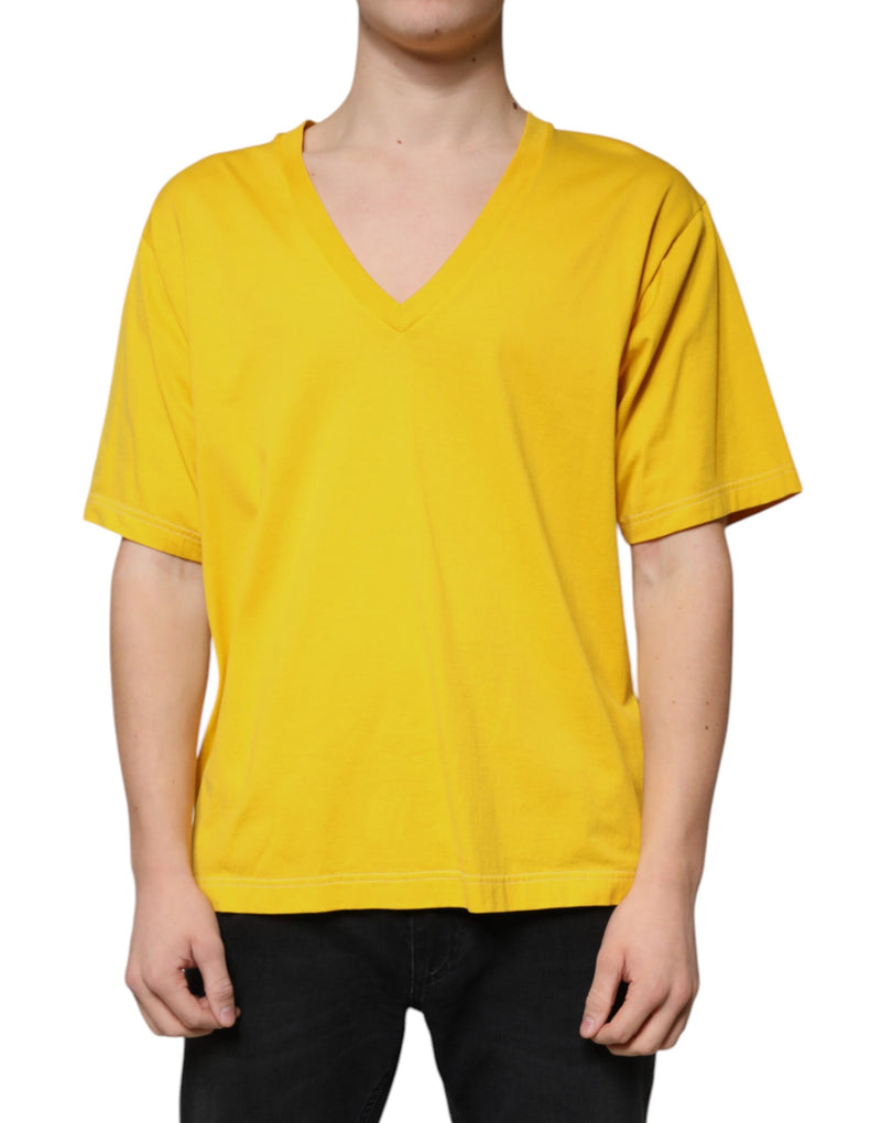 Yellow Cotton V-neck Short Sleeves T-shirt-Dolce & Gabbana-LabelTerrace.com