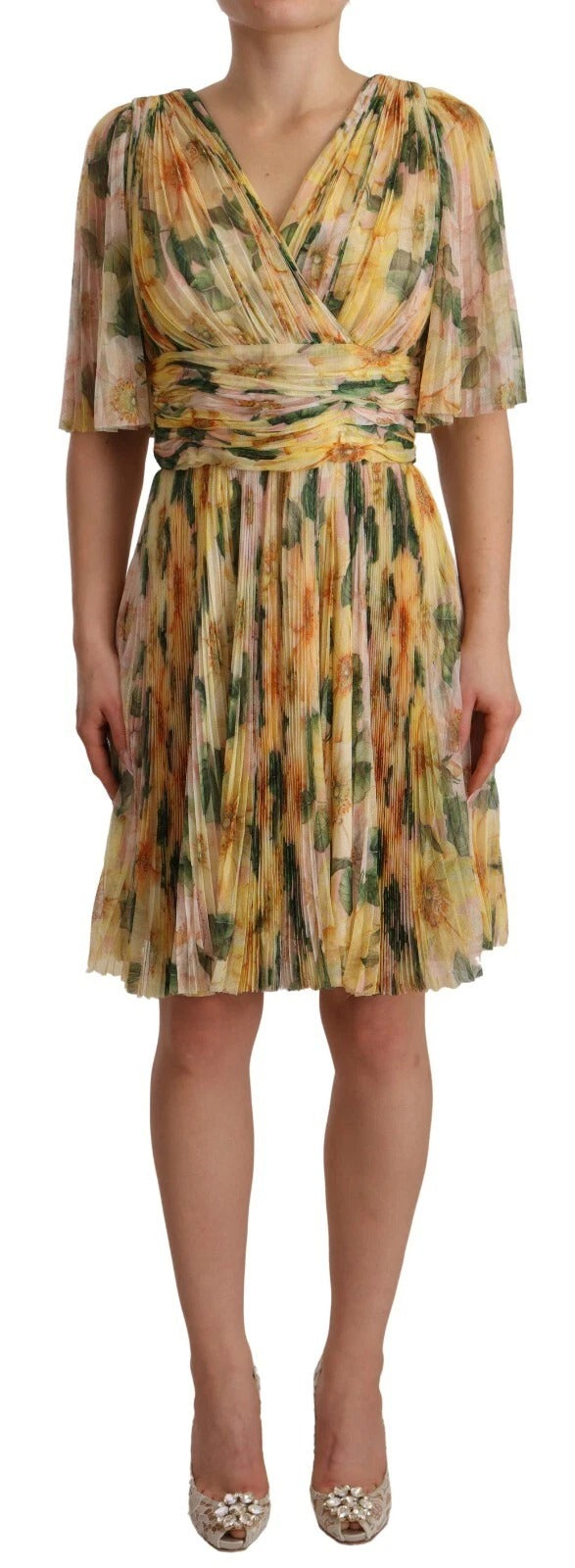 Yellow Floral Print Pleated Maxi Dress-Dolce & Gabbana-LabelTerrace.com