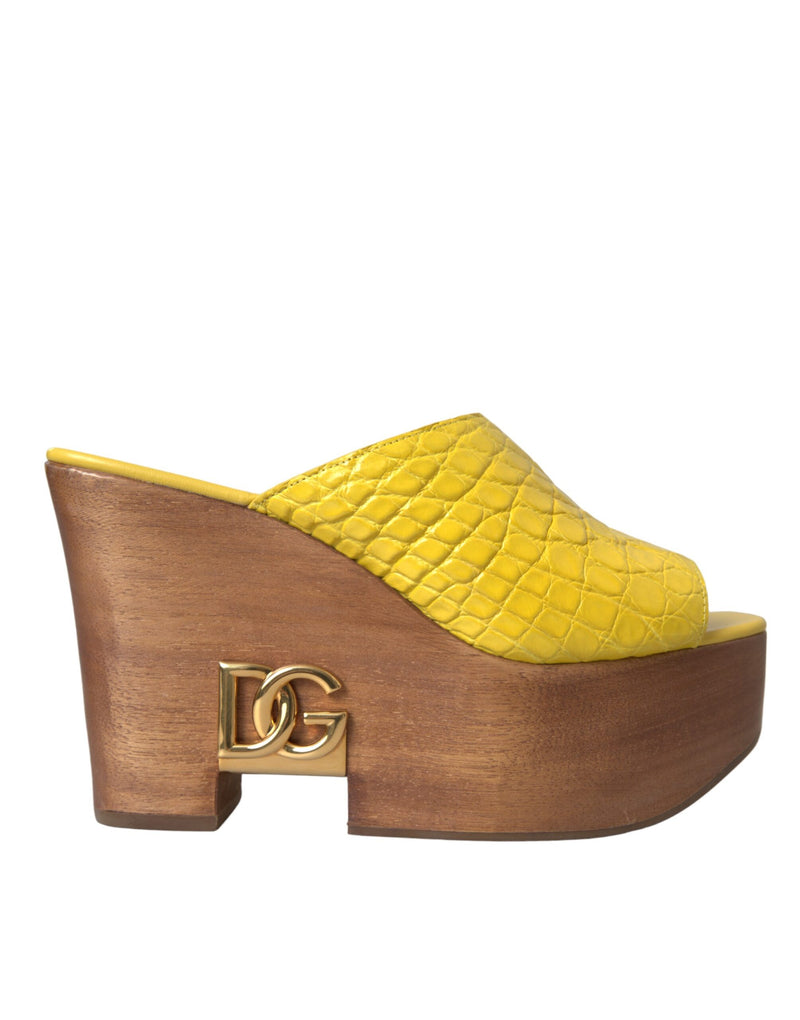 Yellow Leather Wood Mule Wedge Slides Shoes-Dolce & Gabbana-LabelTerrace.com