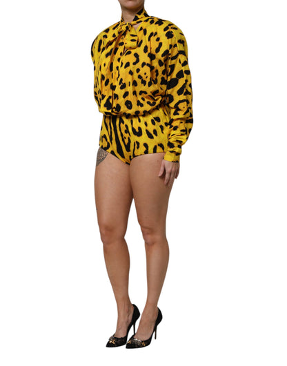 Yellow Leopard Long Sleeves Jumpsuit Dress-Dolce & Gabbana-LabelTerrace.com