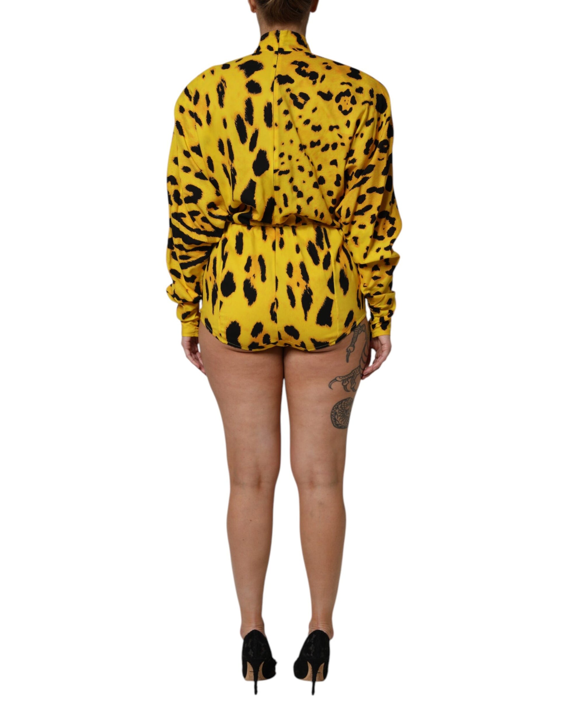 Yellow Leopard Long Sleeves Jumpsuit Dress-Dolce & Gabbana-LabelTerrace.com