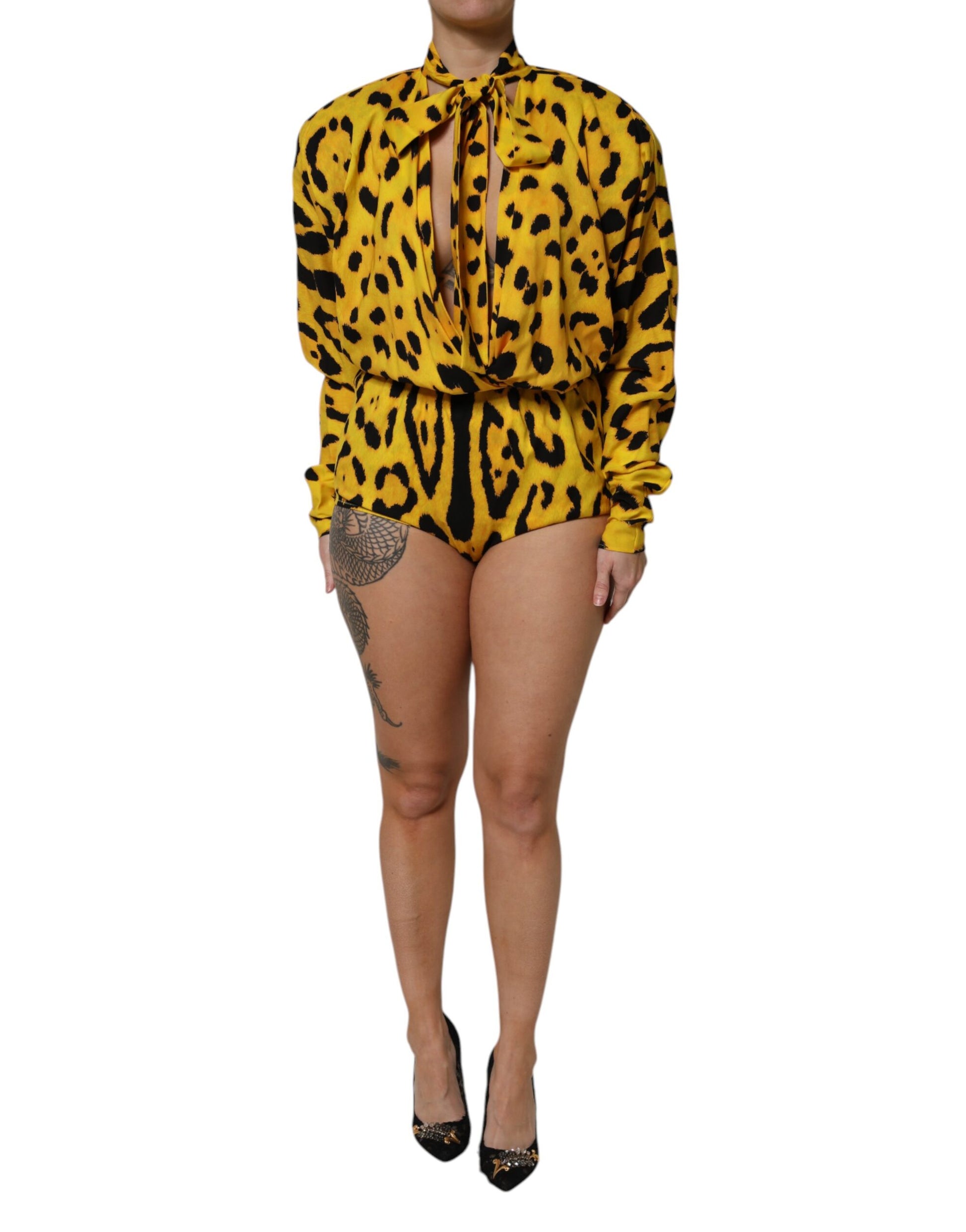 Yellow Leopard Long Sleeves Jumpsuit Dress-Dolce & Gabbana-LabelTerrace.com
