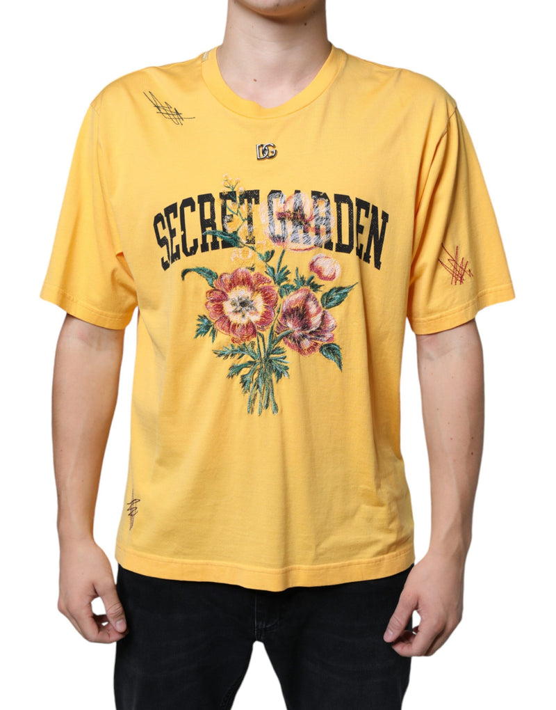 Yellow Secret Graden Floral Cotton Crew Neck T-shirt-Dolce & Gabbana-LabelTerrace.com