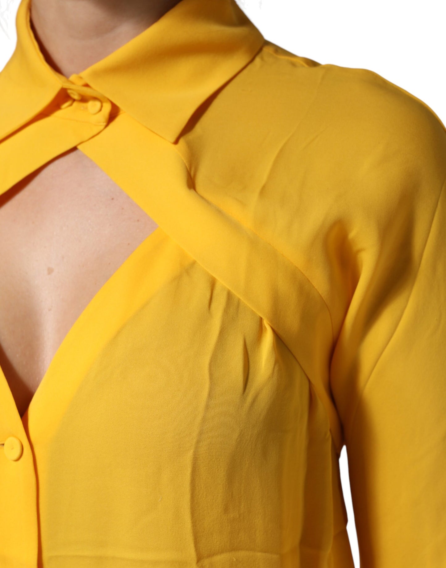 Yellow Silk Collared Long Sleeves Top