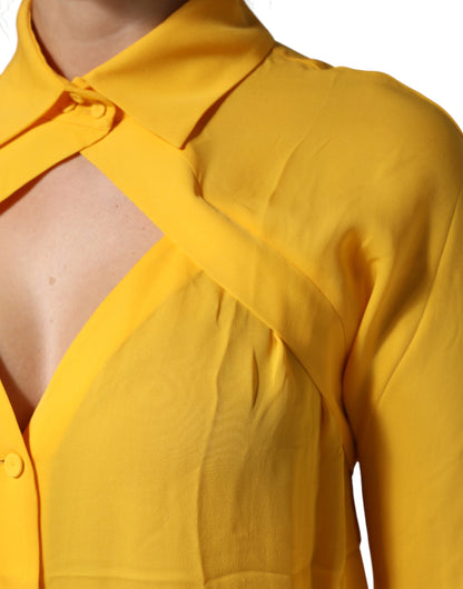 Yellow Silk Collared Long Sleeves Top