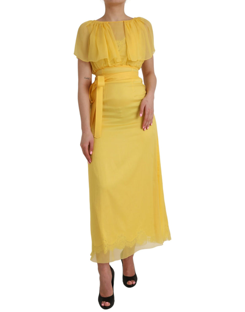 Yellow Silk Sheath Belted Long Maxi Dress-Dolce & Gabbana-LabelTerrace.com
