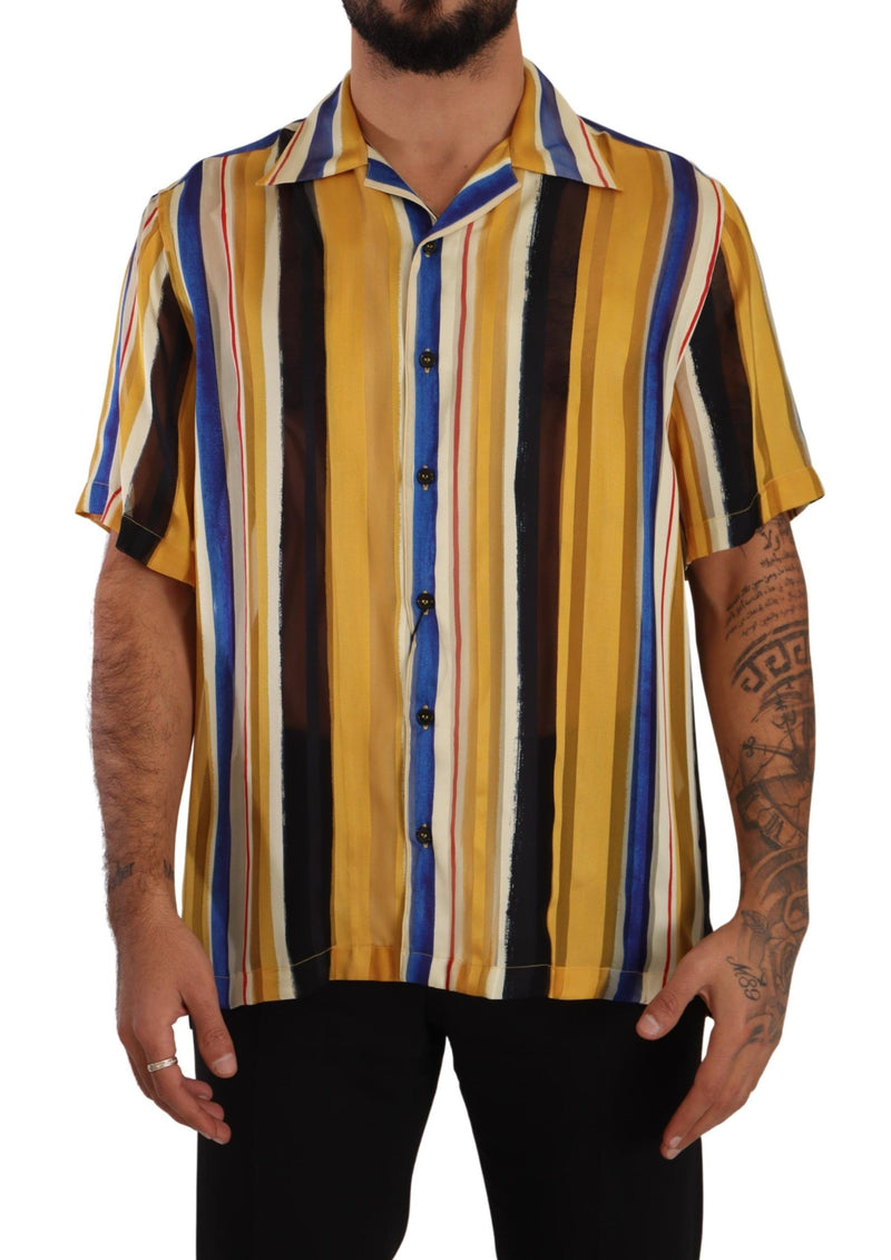 Yellow Striped Short Sleeve Silk Shirt-Dolce & Gabbana-LabelTerrace.com