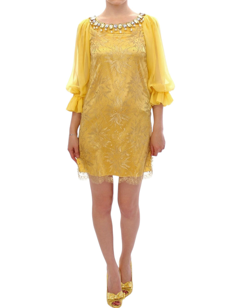 Yellow lace crystal mini dress-Dolce & Gabbana-LabelTerrace.com
