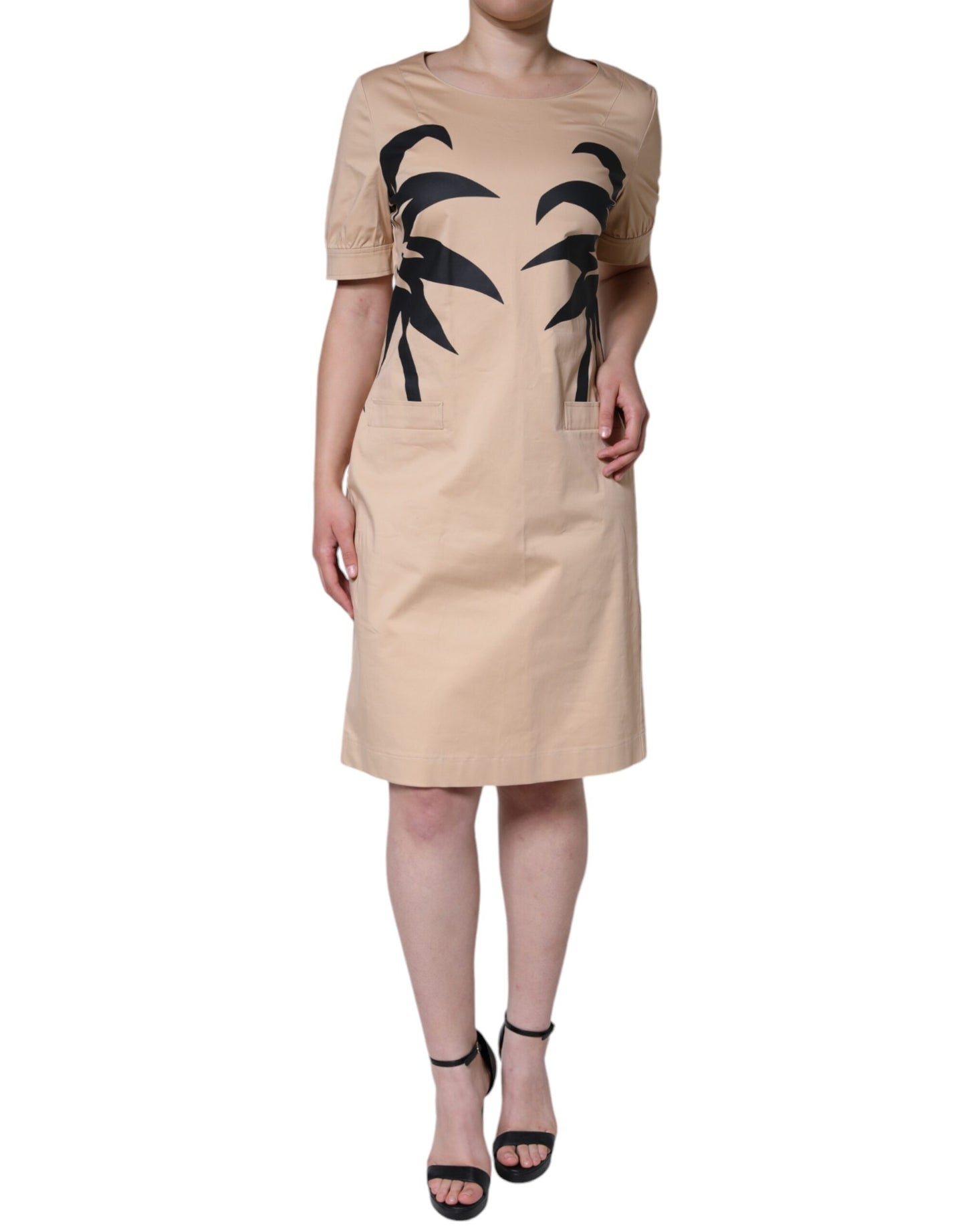 Beige Cotton Short Sleeve Knee Length Dress-Moschino-LabelTerrace.com
