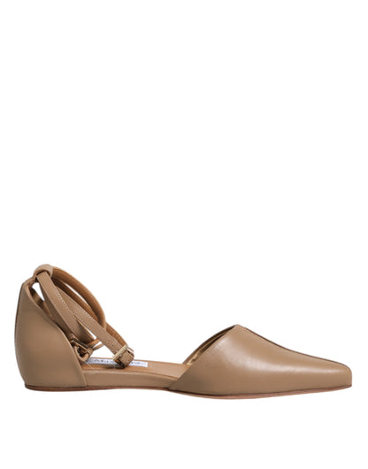 Beige Leather Pointed Toe Sandals Ballet Flat Shoes-Max Mara-LabelTerrace.com