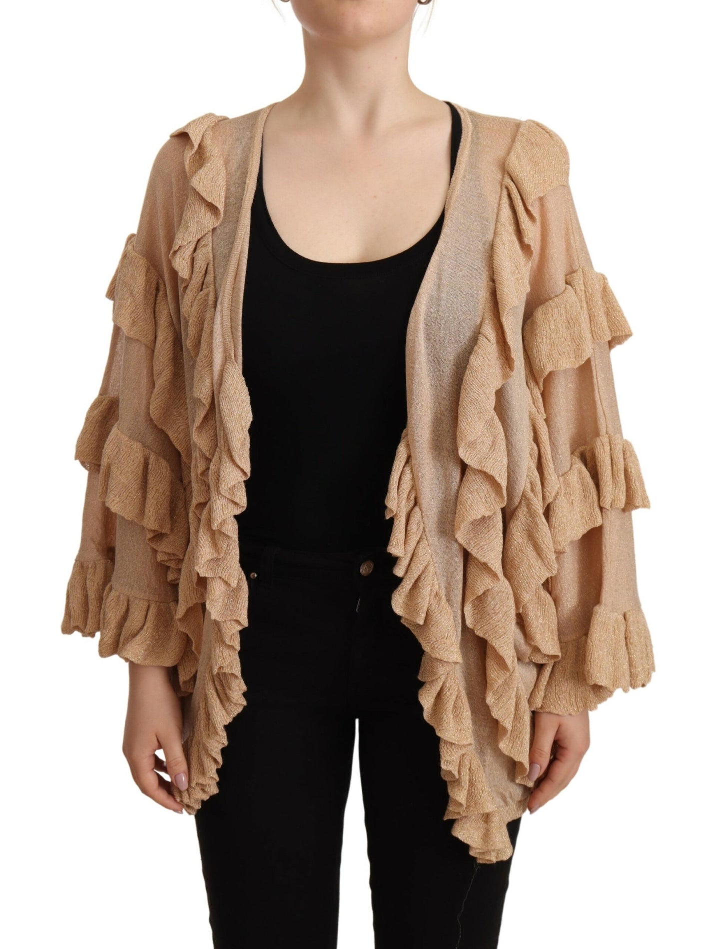 Beige Ruffle Long Sleeves Open Front Cardigan Sweater-Aniye By-LabelTerrace.com
