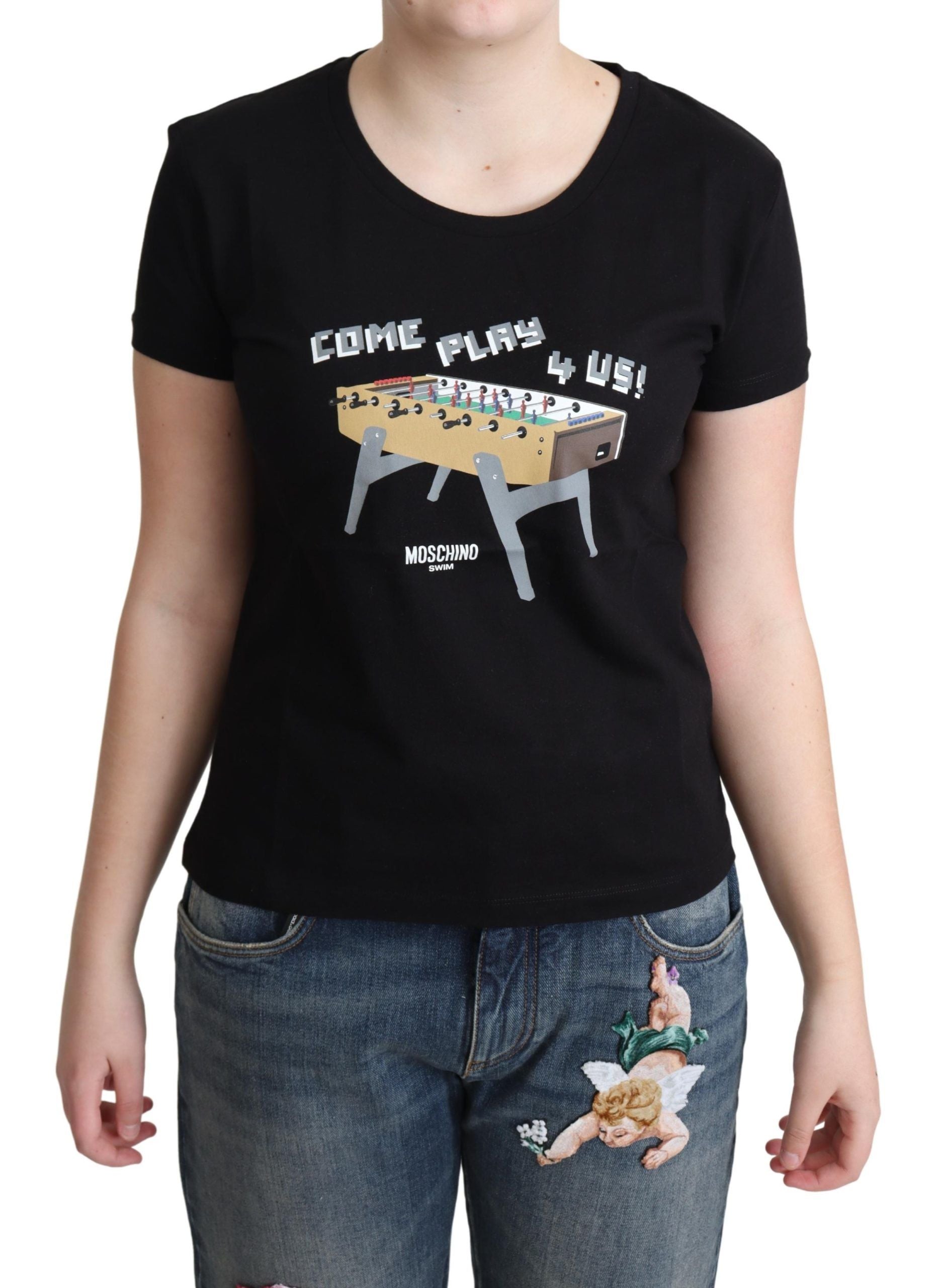 Black Cotton Come Play 4 Us Print Tops T-shirt-Moschino-LabelTerrace.com