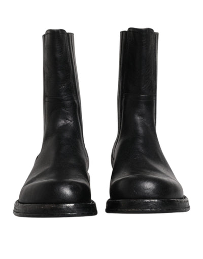 Black Horse Leather Mid Calf Boots Shoes-Dolce & Gabbana-LabelTerrace.com