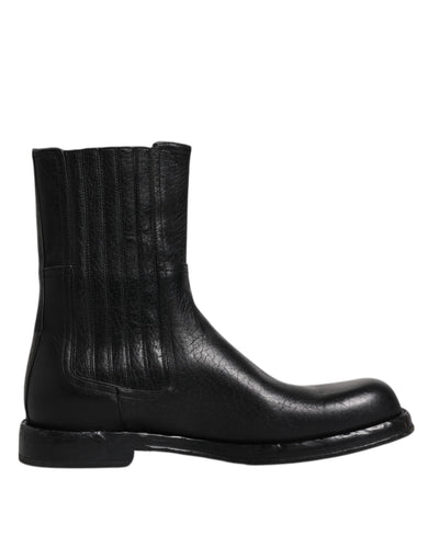 Black Horse Leather Mid Calf Boots Shoes-Dolce & Gabbana-LabelTerrace.com