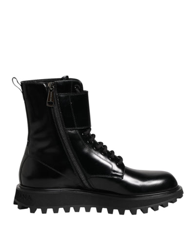 Black Leather Lace Up Mid Calf Boots Shoes-Dolce & Gabbana-LabelTerrace.com