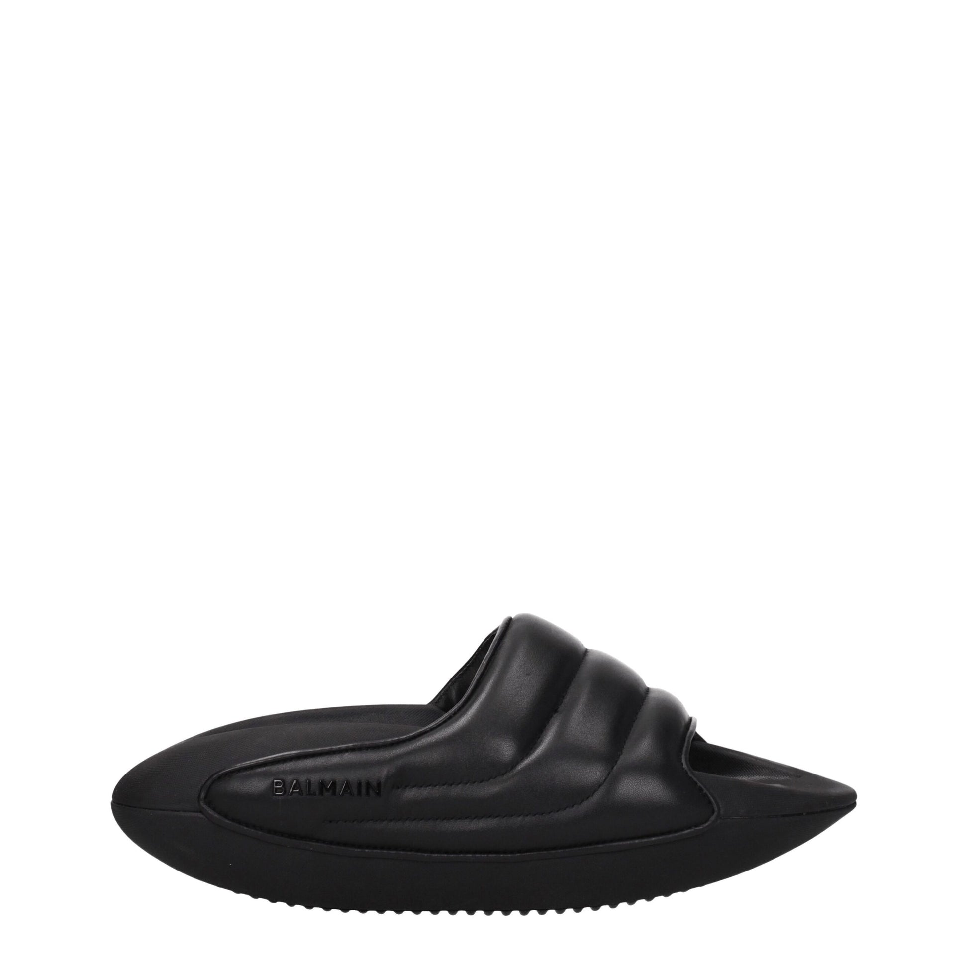 Black Leather Slippers-Balmain-LabelTerrace.com