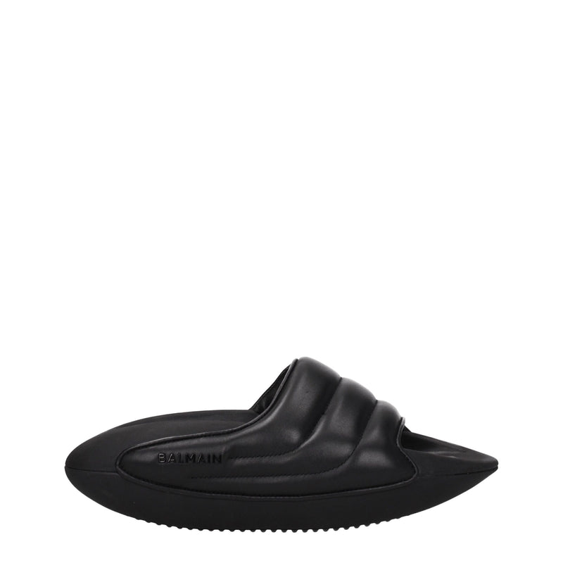 Black Leather Slippers-Balmain-LabelTerrace.com
