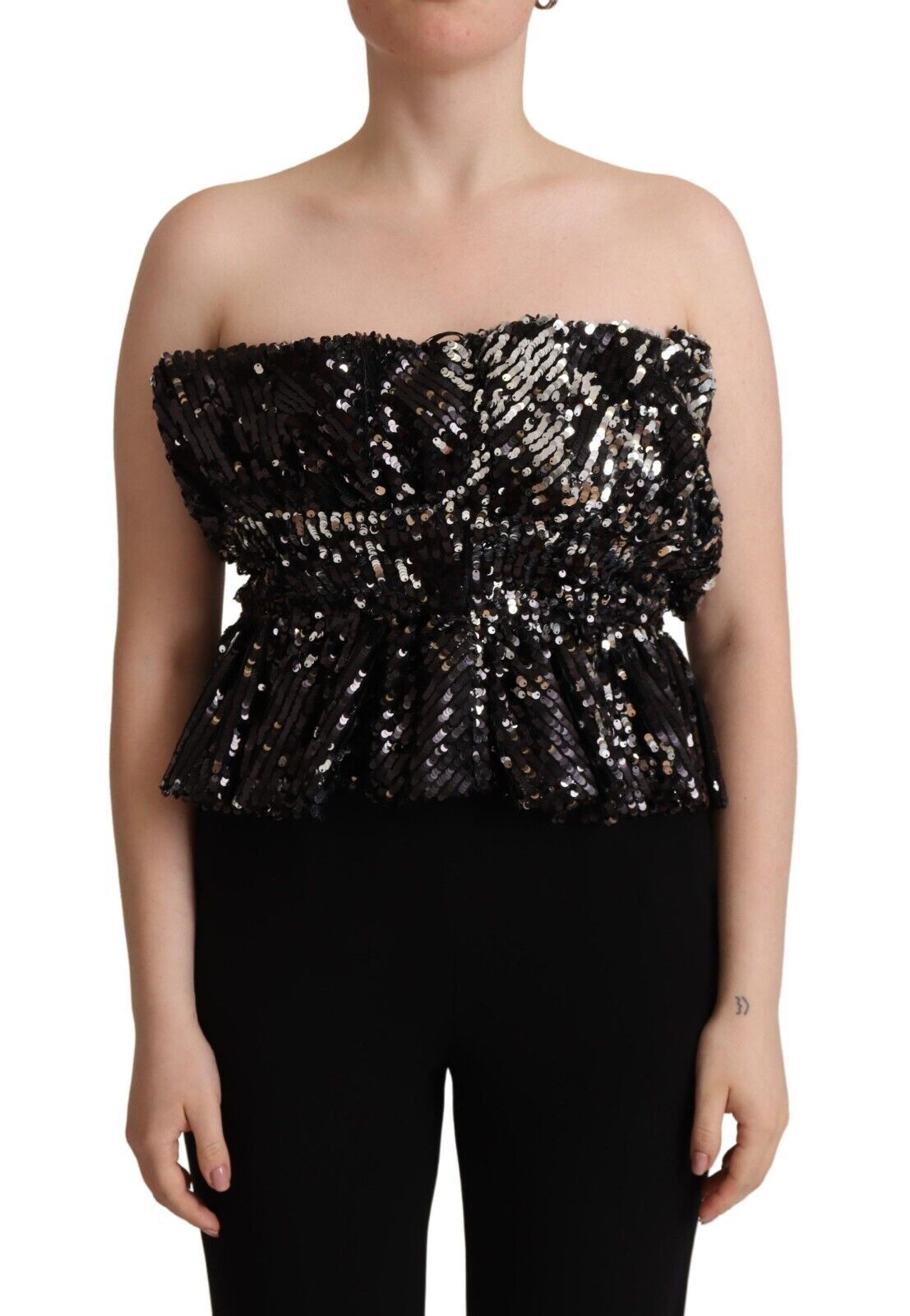 Black Sequined Polyester Strapless Cocktail Blouse Top-Aniye By-LabelTerrace.com