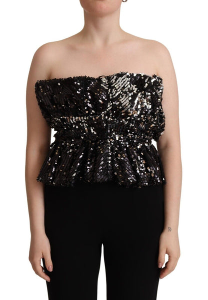 Black Sequined Polyester Strapless Cocktail Blouse Top-Aniye By-LabelTerrace.com