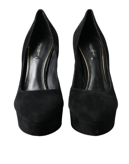 Black Suede Leather Platform Heel Pumps Shoes-Dolce & Gabbana-LabelTerrace.com