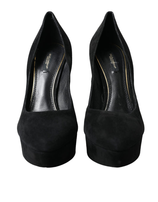 Black Suede Leather Platform Heel Pumps Shoes-Dolce & Gabbana-LabelTerrace.com