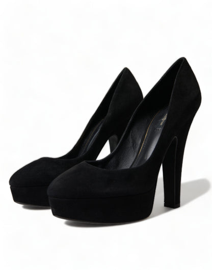 Black Suede Leather Platform Heel Pumps Shoes-Dolce & Gabbana-LabelTerrace.com