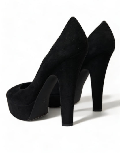 Black Suede Leather Platform Heel Pumps Shoes-Dolce & Gabbana-LabelTerrace.com