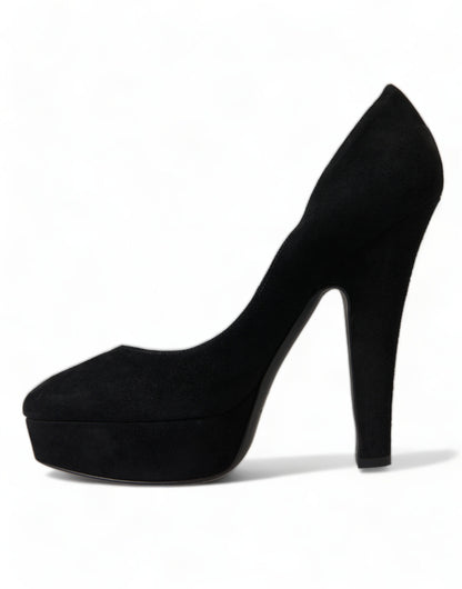 Black Suede Leather Platform Heel Pumps Shoes-Dolce & Gabbana-LabelTerrace.com