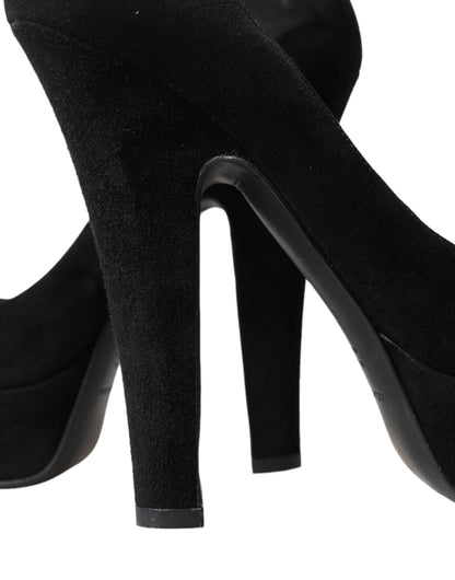 Black Suede Leather Platform Heel Pumps Shoes-Dolce & Gabbana-LabelTerrace.com