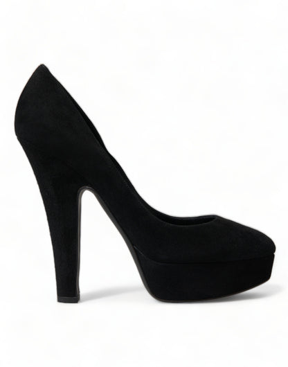 Black Suede Leather Platform Heel Pumps Shoes-Dolce & Gabbana-LabelTerrace.com