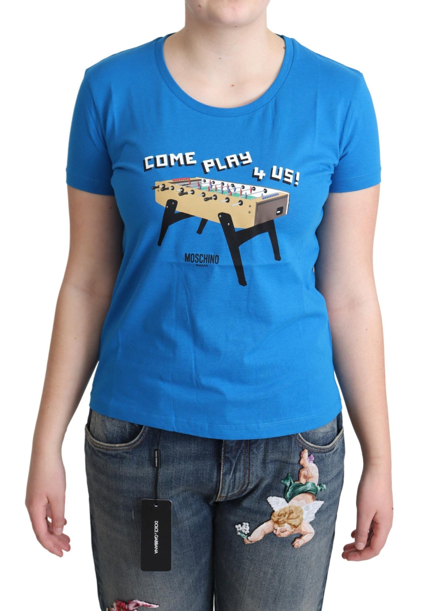 Blue Cotton Come Play 4 Us Print T-shirt-Moschino-LabelTerrace.com
