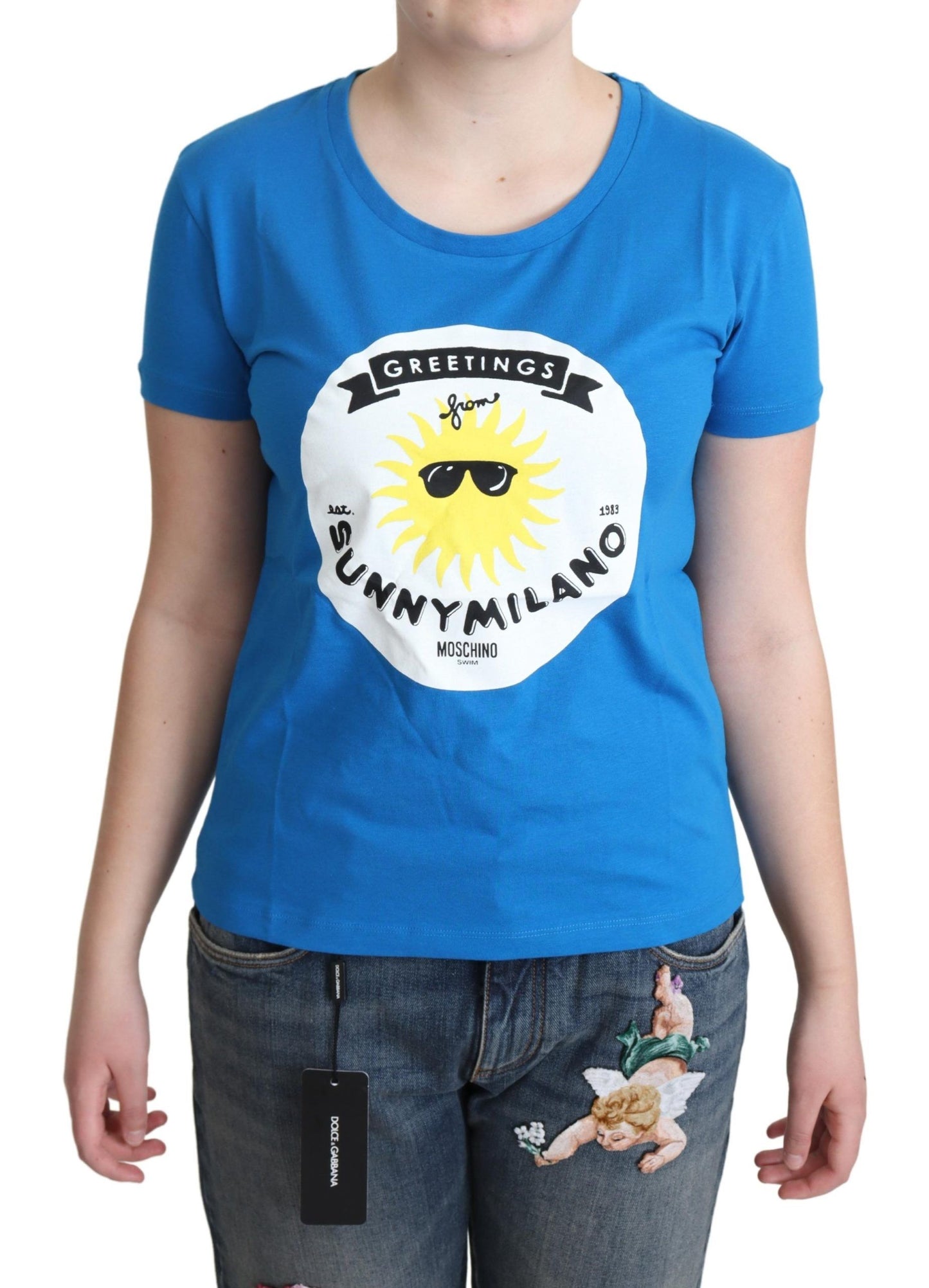 Blue Cotton Sunny Milano Print Tops T-shirt-Moschino-LabelTerrace.com