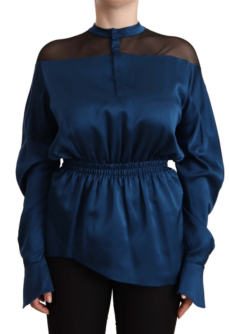 Blue Silk Long Sleeves Elastic Waist Top Blouse-Masha Ma-LabelTerrace.com