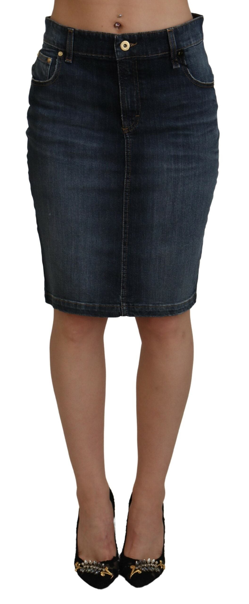 Dark Blue Washed Mid Waist Pencil Cut Denim Skirt-Fiorucci-LabelTerrace.com