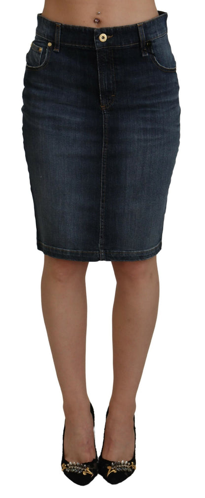Dark Blue Washed Mid Waist Pencil Cut Denim Skirt-Fiorucci-LabelTerrace.com