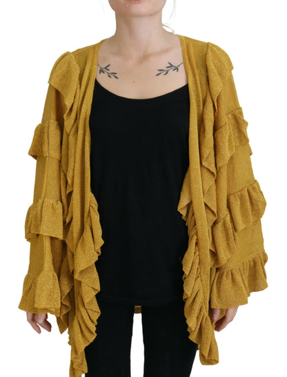 Gold Long Sleeves Ruffled Women Cardigan Sweater-Aniye By-LabelTerrace.com
