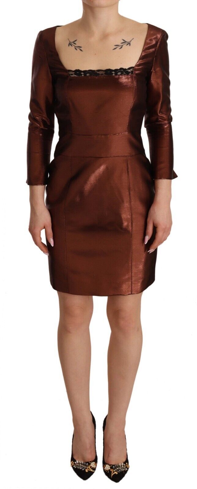 Metallic Brown Long Sleeves Square Neck Sheath Dress-GF Ferre-LabelTerrace.com