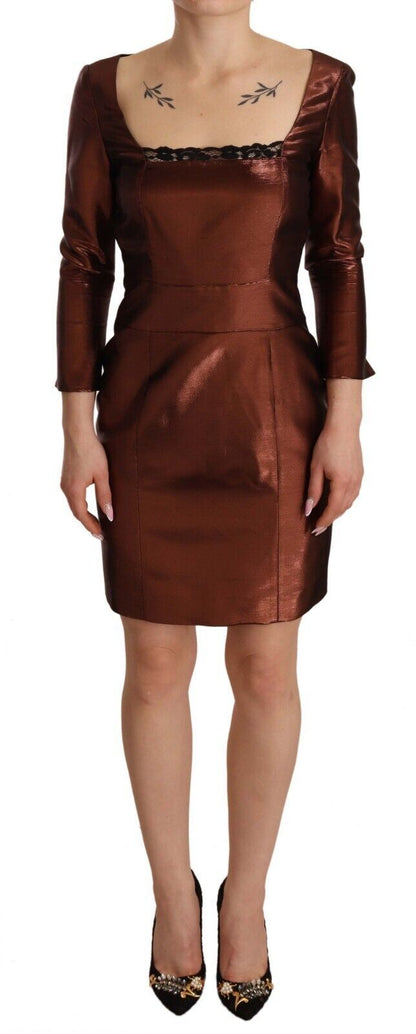 Metallic Brown Long Sleeves Square Neck Sheath Dress-GF Ferre-LabelTerrace.com