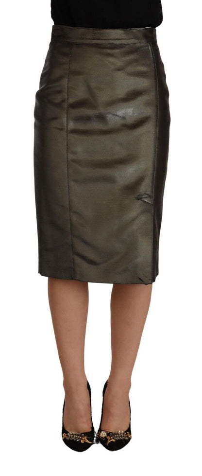 Metallic Gray High Waist Pencil Midi Skirt-GF Ferre-LabelTerrace.com